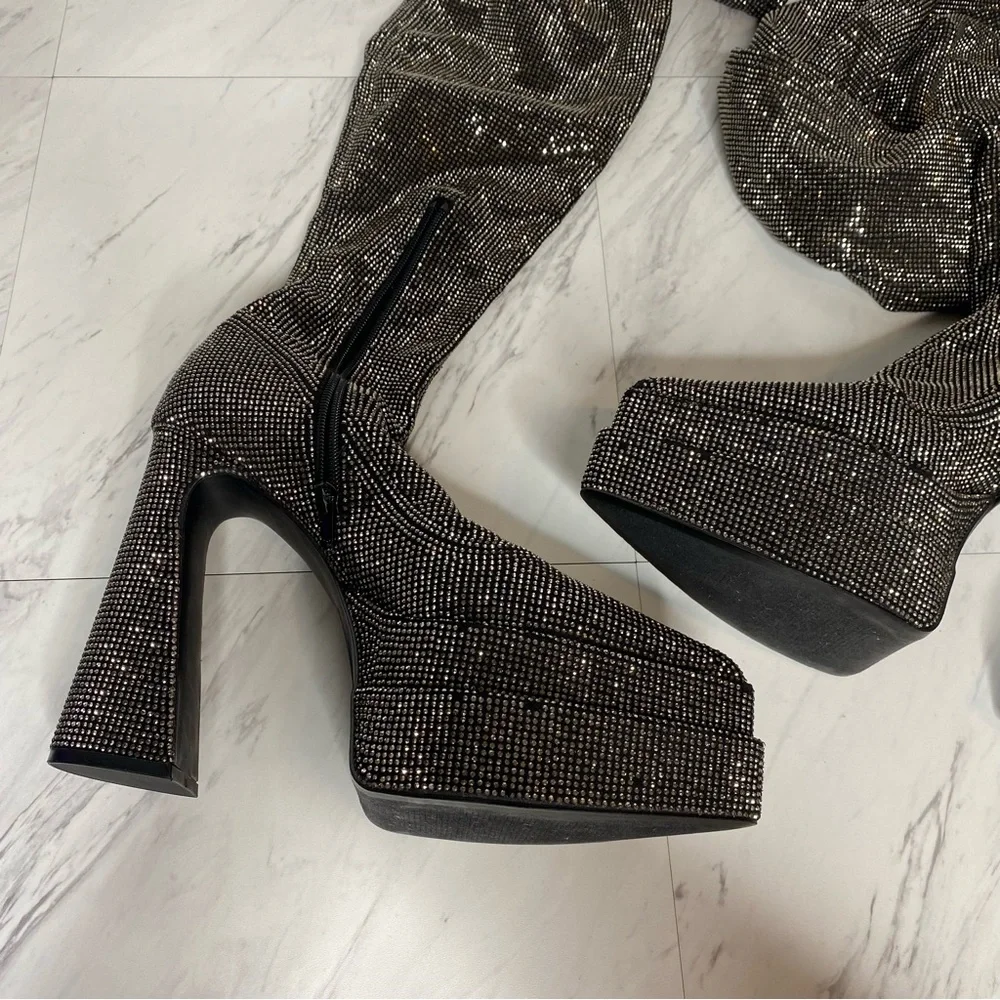 Steve Madden Sultry Rhinestone Thigh High Pointy Toe Platform Heeled Boot 8 1/2